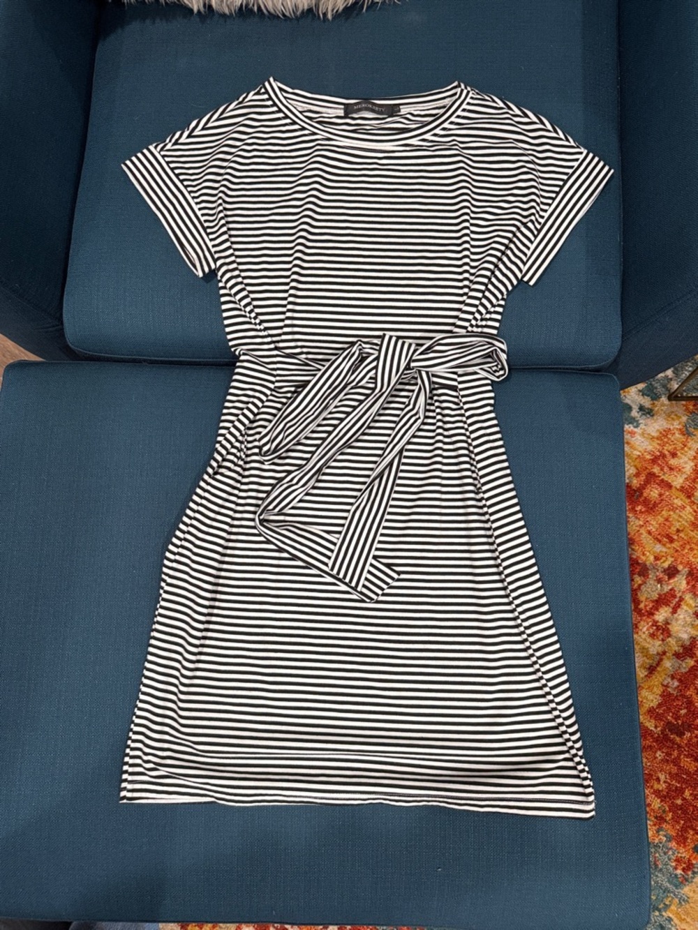 Black and White Striped Tie-Belt Mini Dress